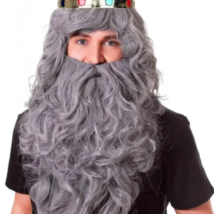 Peluca de Rey Mago Gris Rizosa con Barba Larga